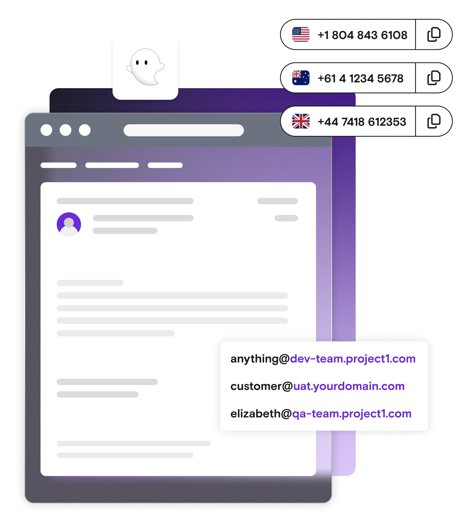 Email illustration with international phone numbers email addresses and Ghost Inspector logo on gradient background