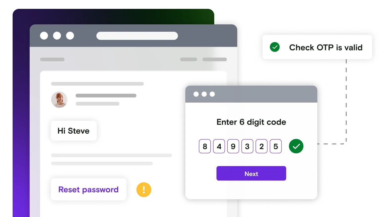 Email illustration with 6 digit code dialog box and pass notification