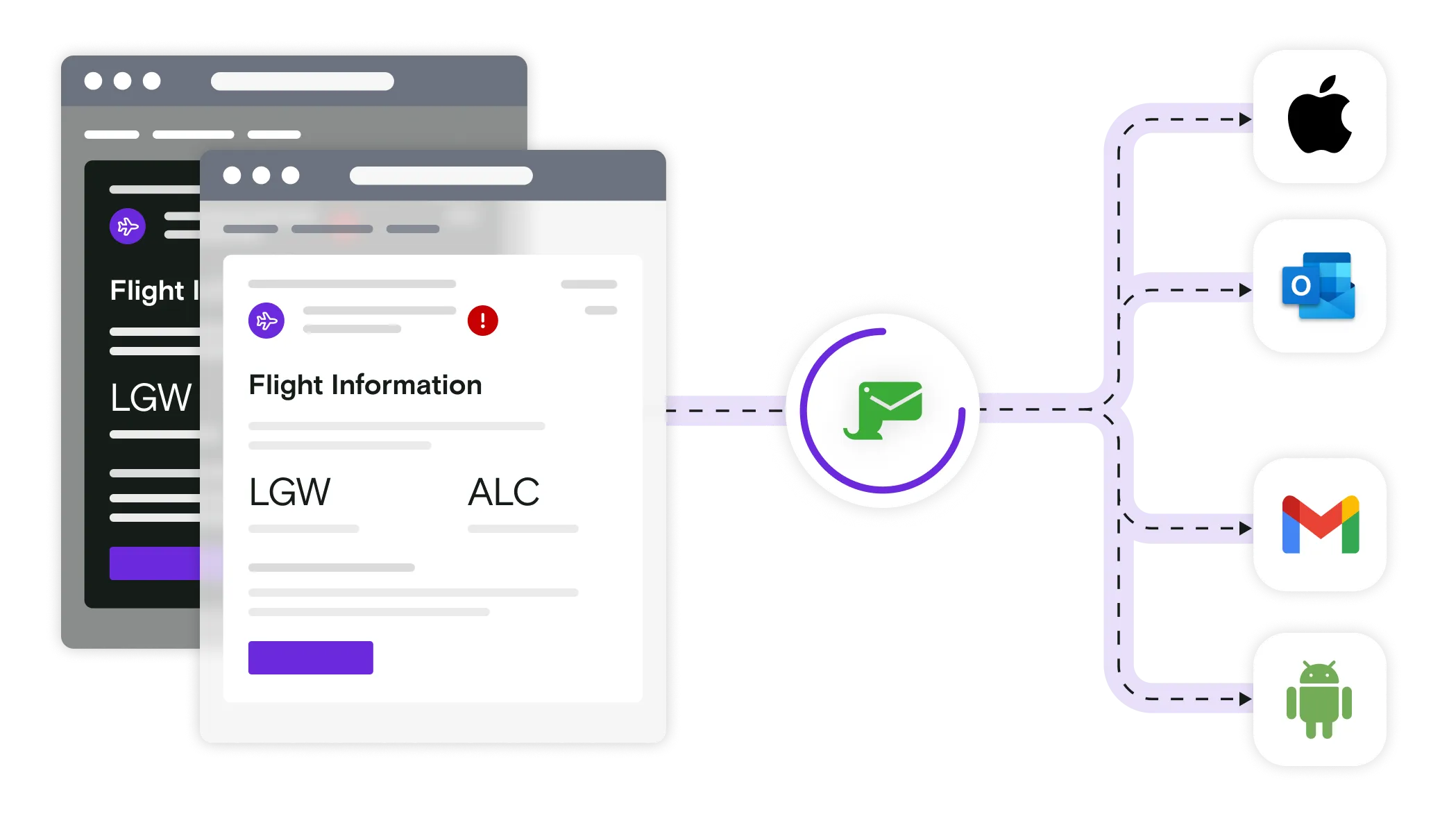 Dark and light mode email illustrations with email client logos and Mailosaur logo
