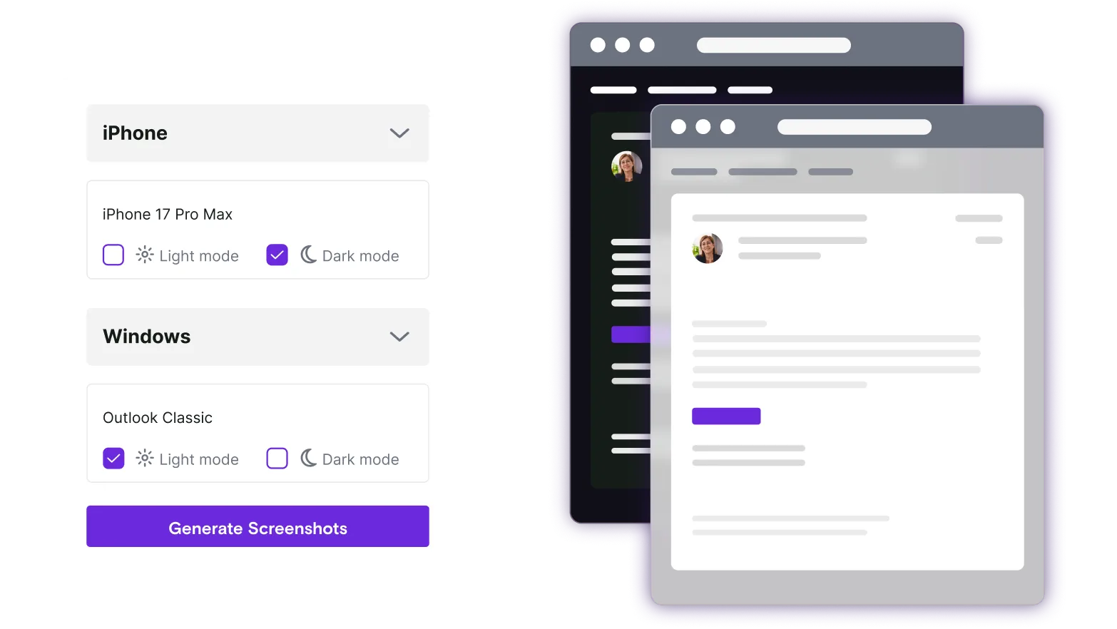 Light and dark mode email illustrations with screenshots window