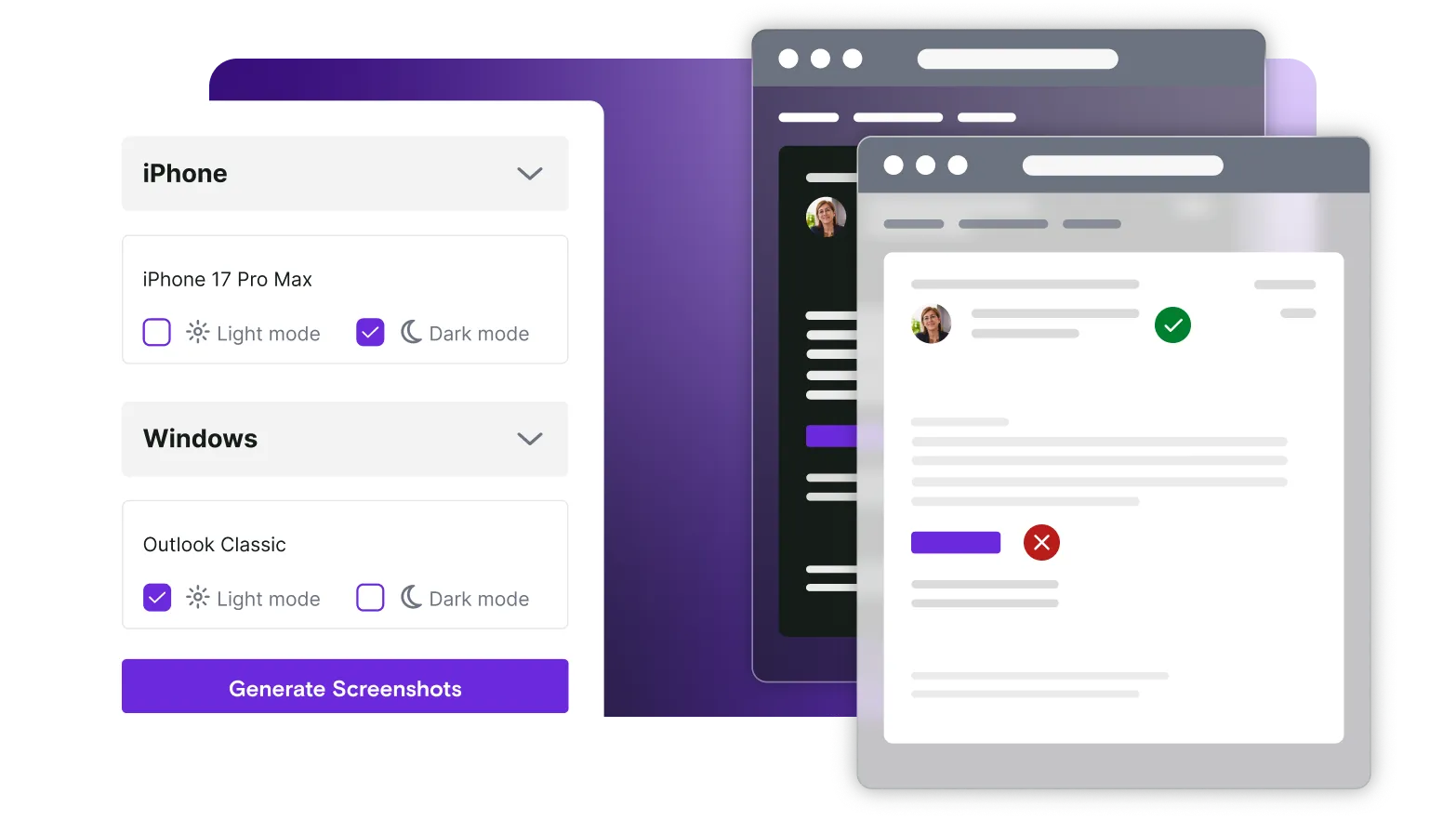 Dark and light mode email illustrations with screenshot dialog window on gradient background