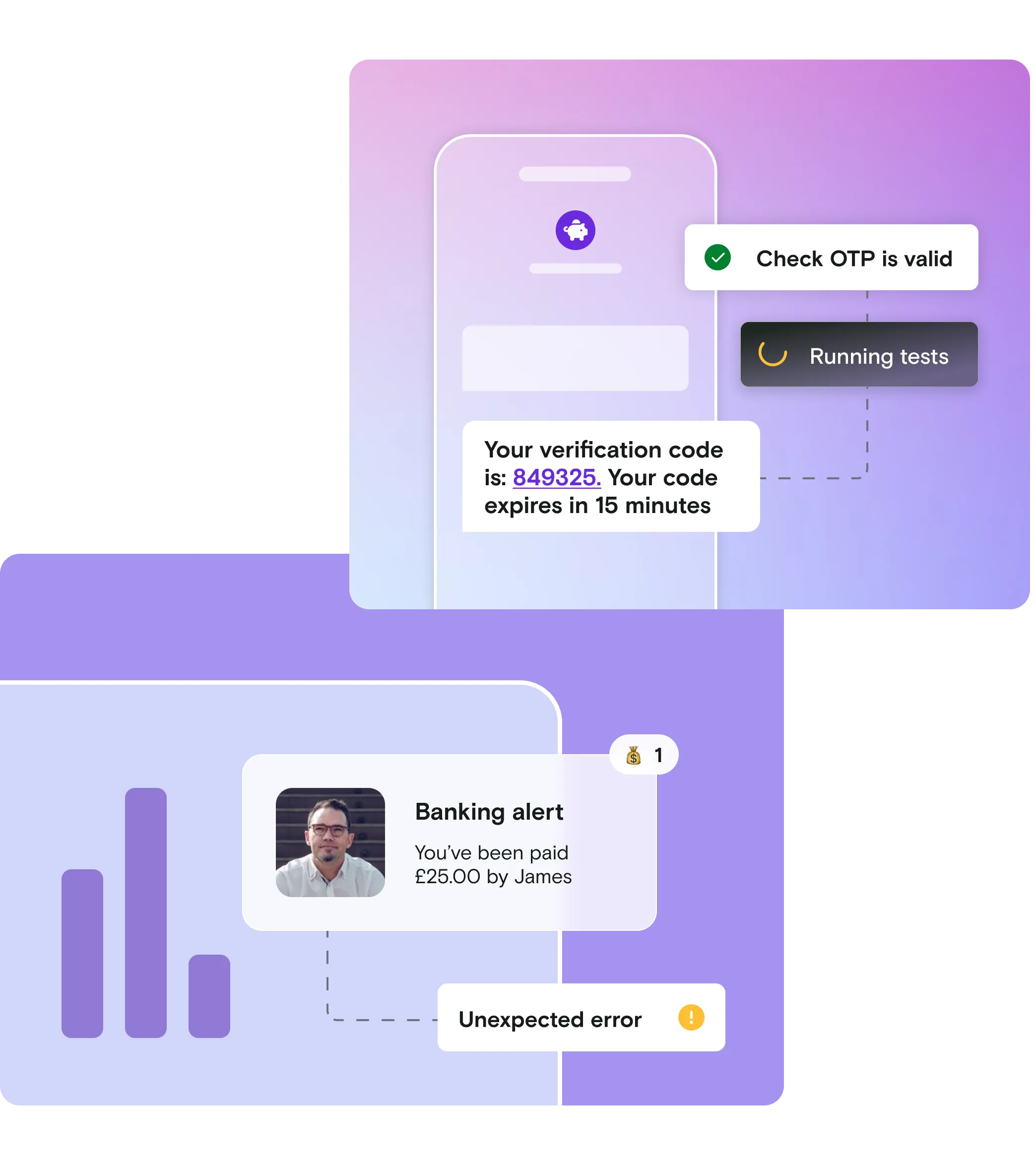 Illustration of banking alert and SMS with pass and fail notifications