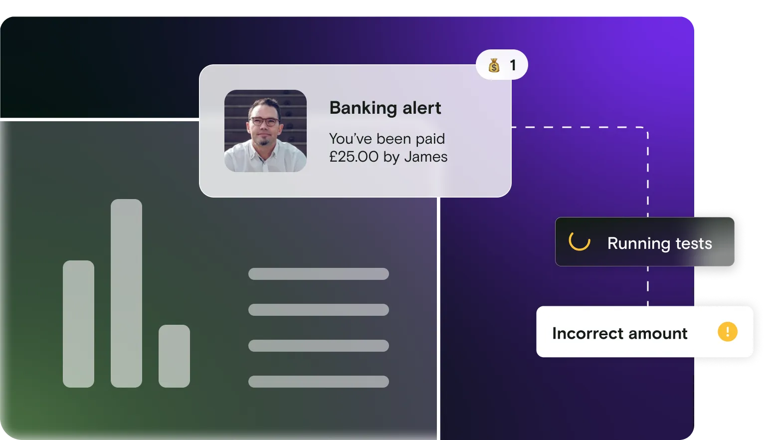 Banking alert with tests running on gradient background