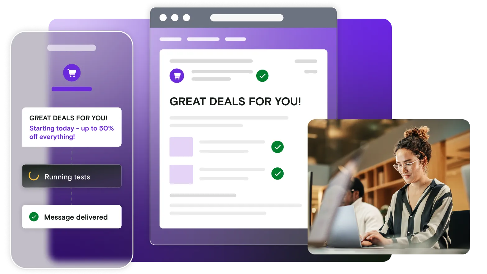 Mobile and email illustration with image of woman on laptop on gradient background