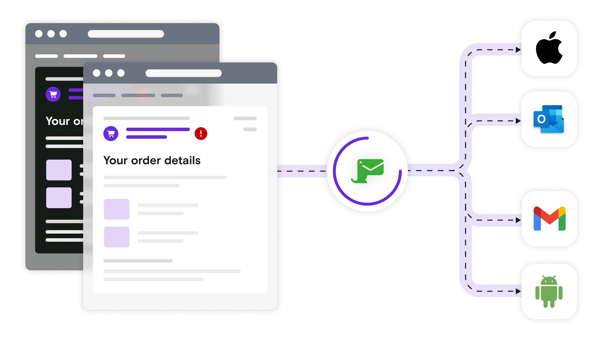Email client logos with light and dark mode email illustrations