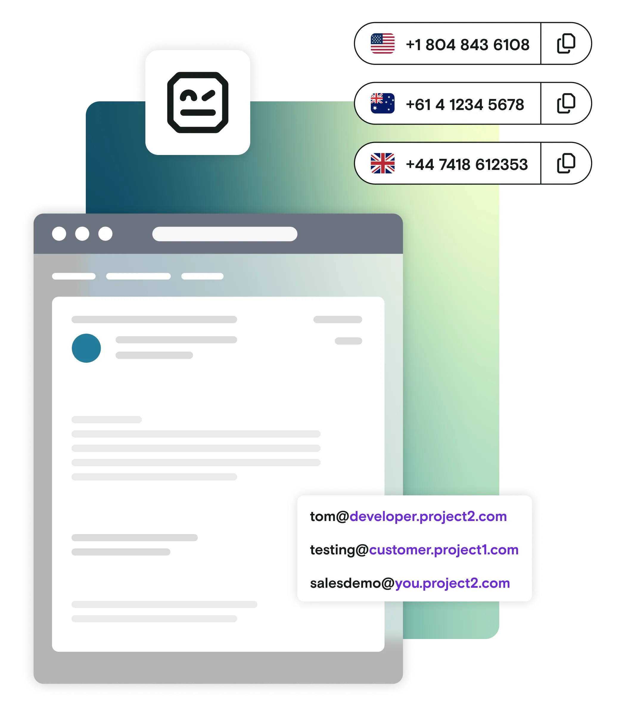Email illustration with international phone numbers and custom domains and Robot Framework logo