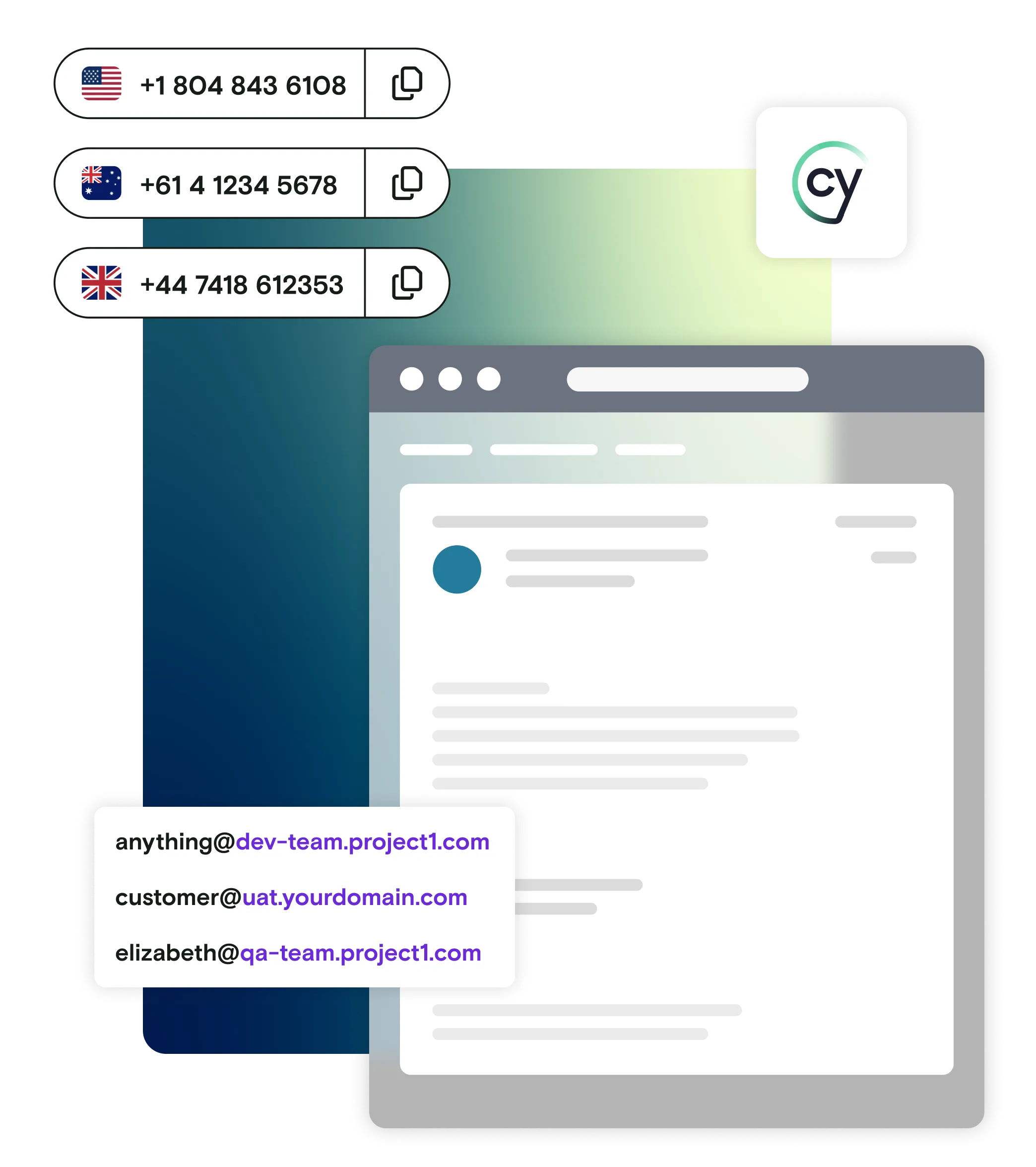 Cypress logo, with international phone numbers and email illustration with custom domains