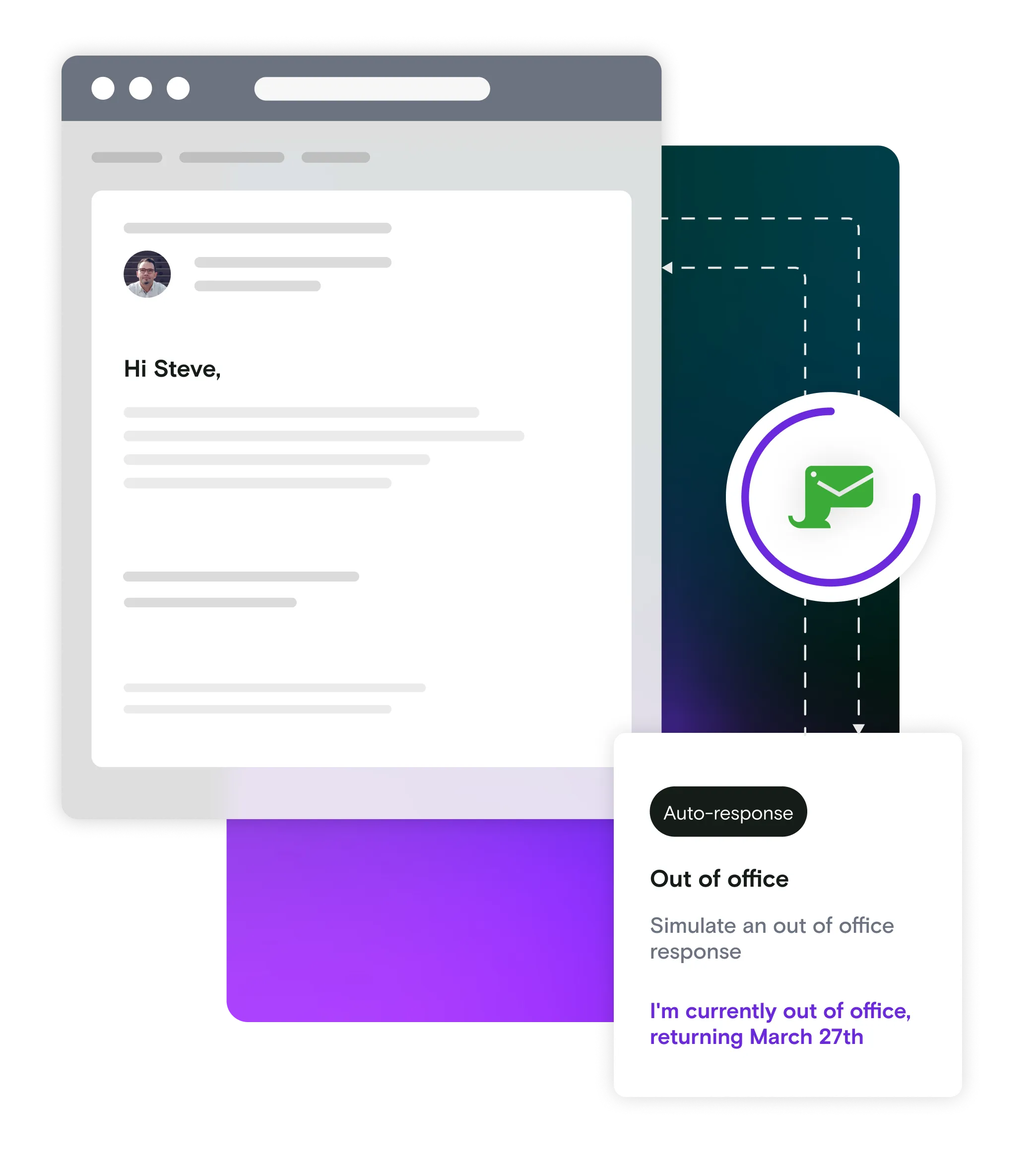 Email mockup with Mailosaur icon and out of office notification