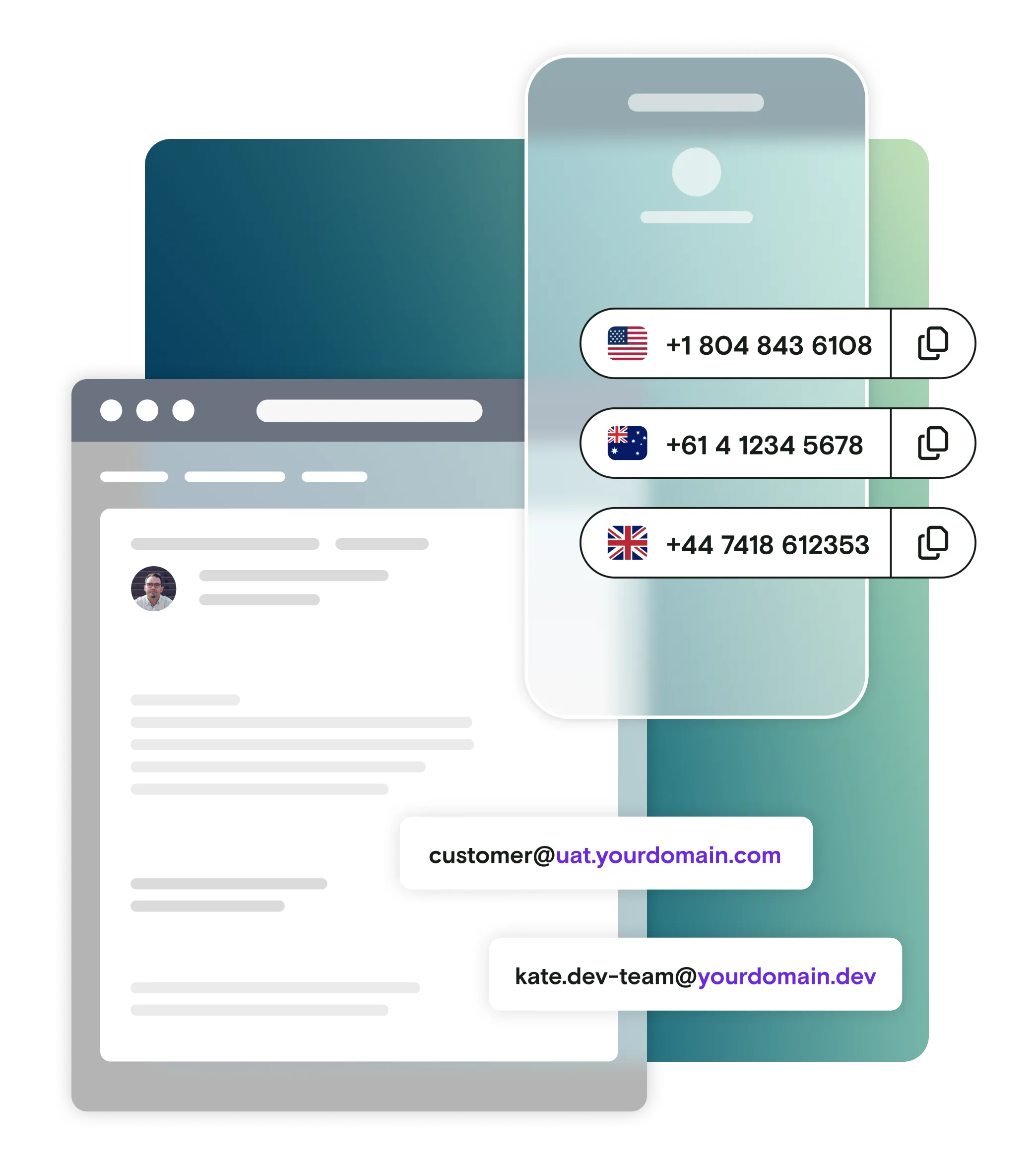 Email and mobile phone illustration with custom domains and international phone numbers on gradient background