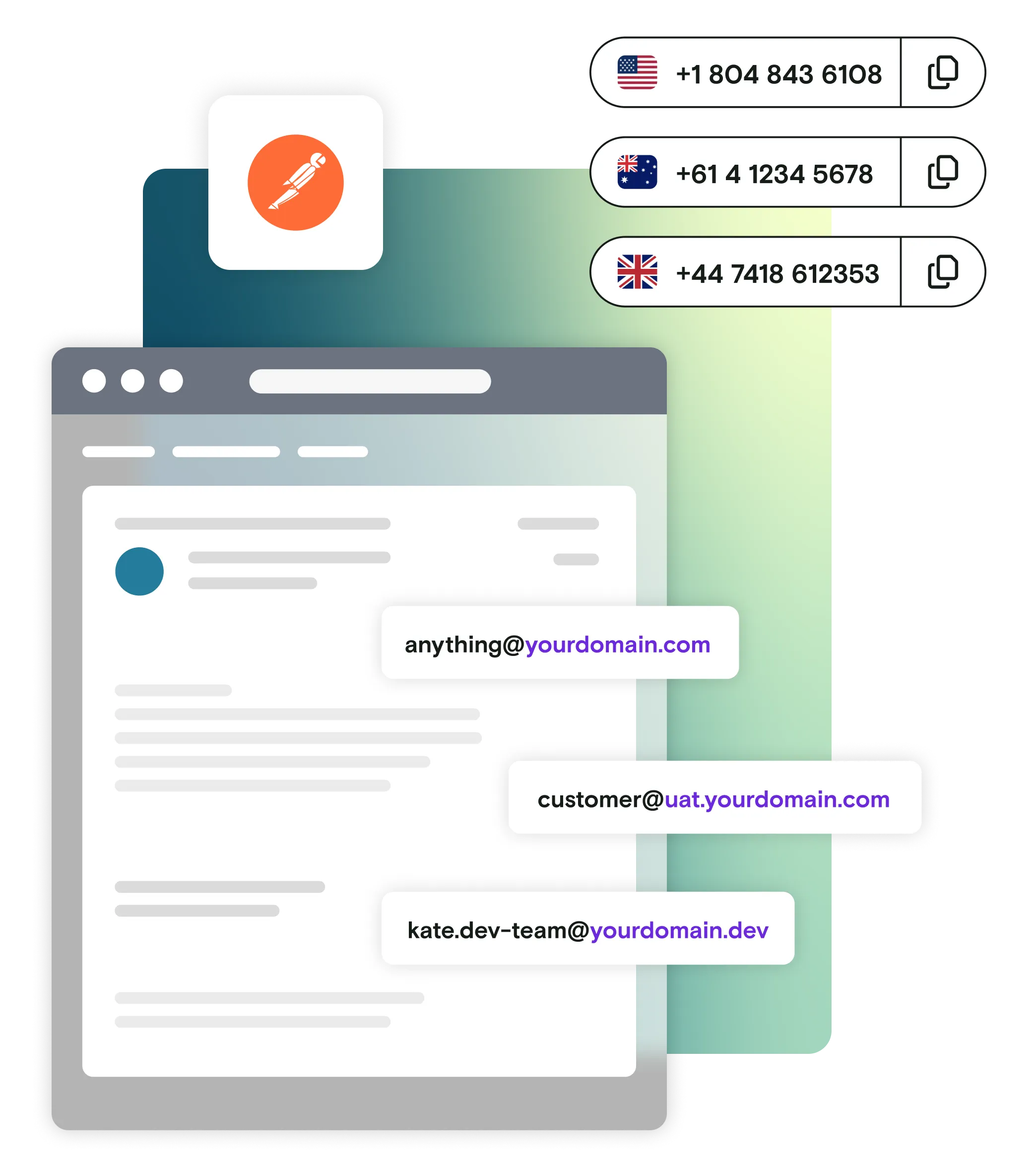 Email illustration with international phone numbers and custom domains and Postman logo