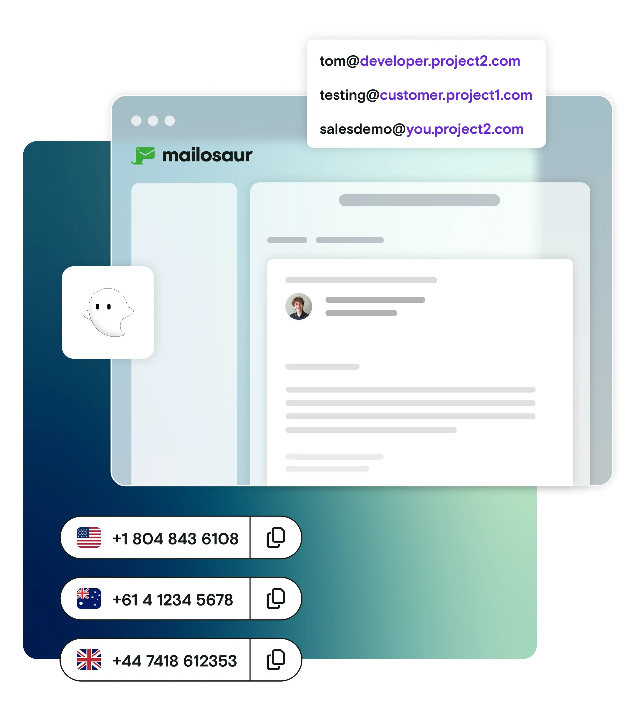 Mailosaur dashboard on gradient background with international phone numbers and custom domains with Ghost Inspector logo