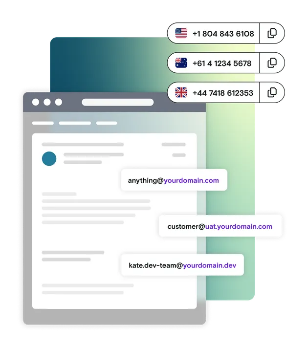 Email illustration with international phone numbers and custom domains on a gradient background