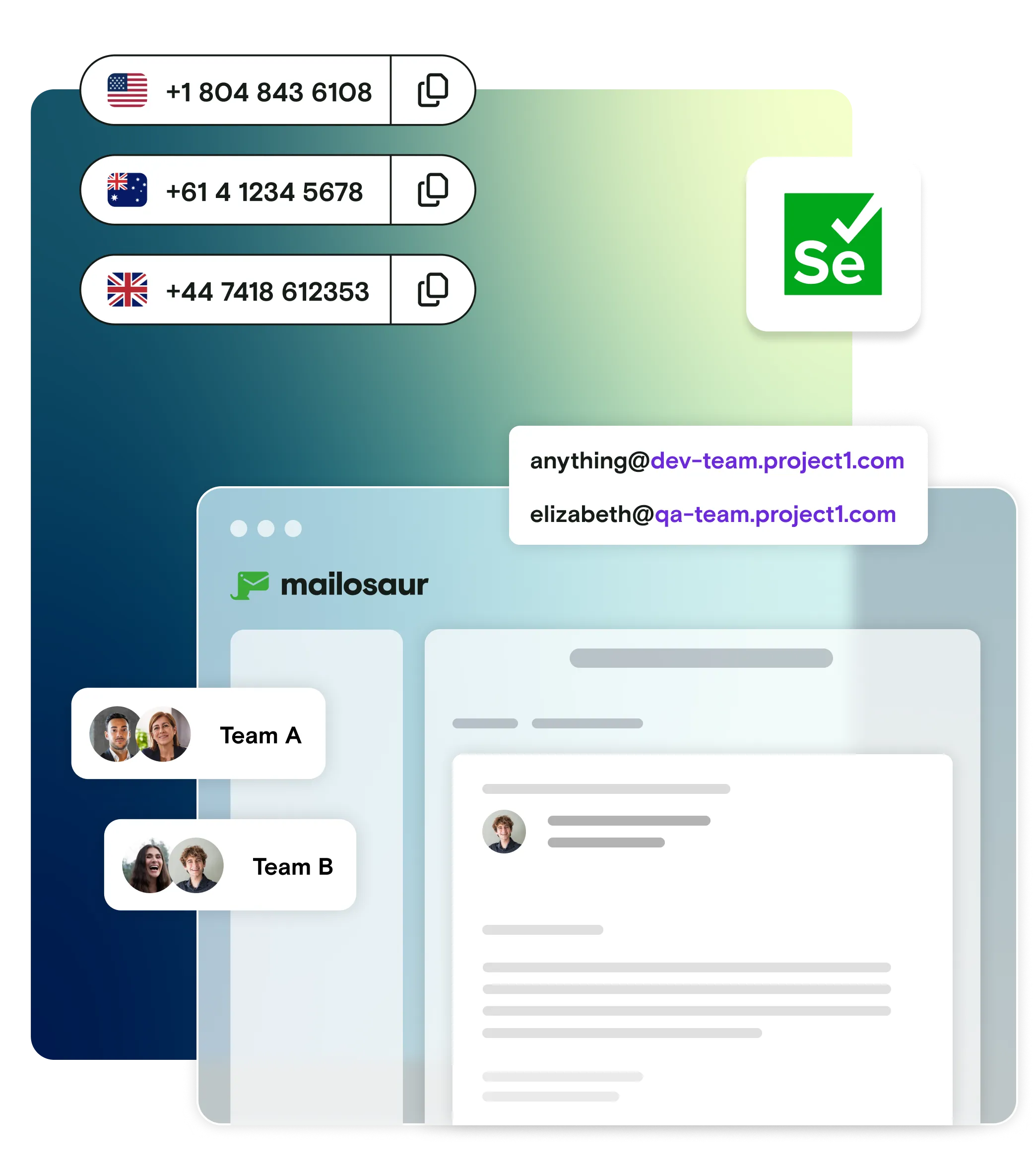 Illustration of Mailosaur dashboard, international phone numbers and custom domains with Selenium logo