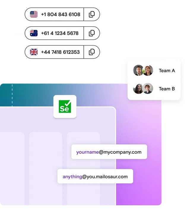 Illustration of screen showing international mobile numbers with flags including Australia, USA and UK with customisable email addresses and the Selenium logo.