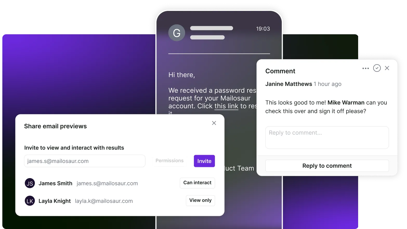 Several dialogue boxes showing requests to sign off on a screenshot, as well as one showing the option to share previews