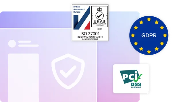 Security and GDPR logos on gradient background with laptop illustration