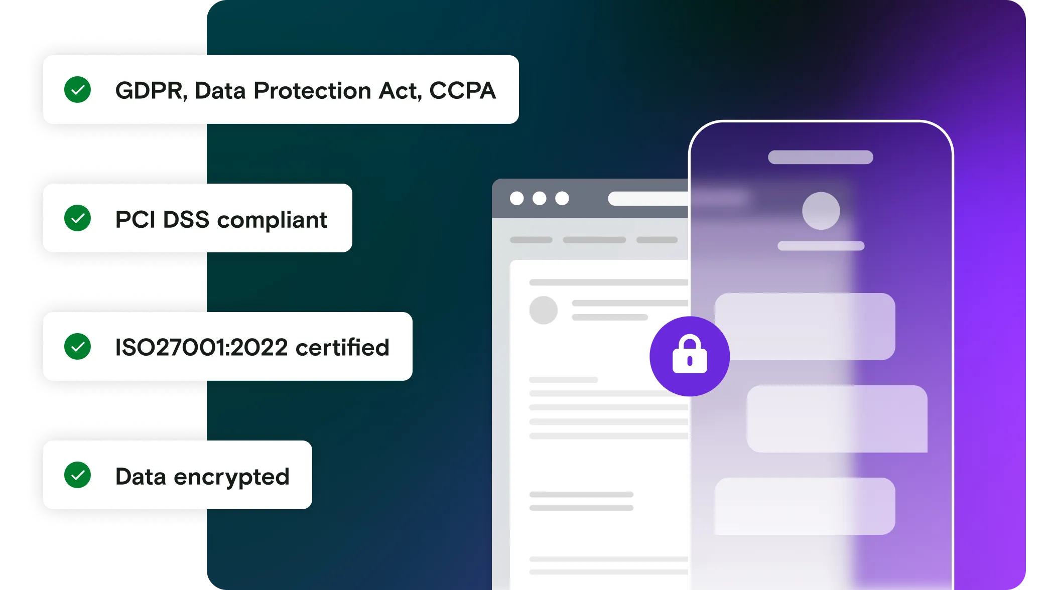 Security certification with mobile and email illustrations and padlock icon