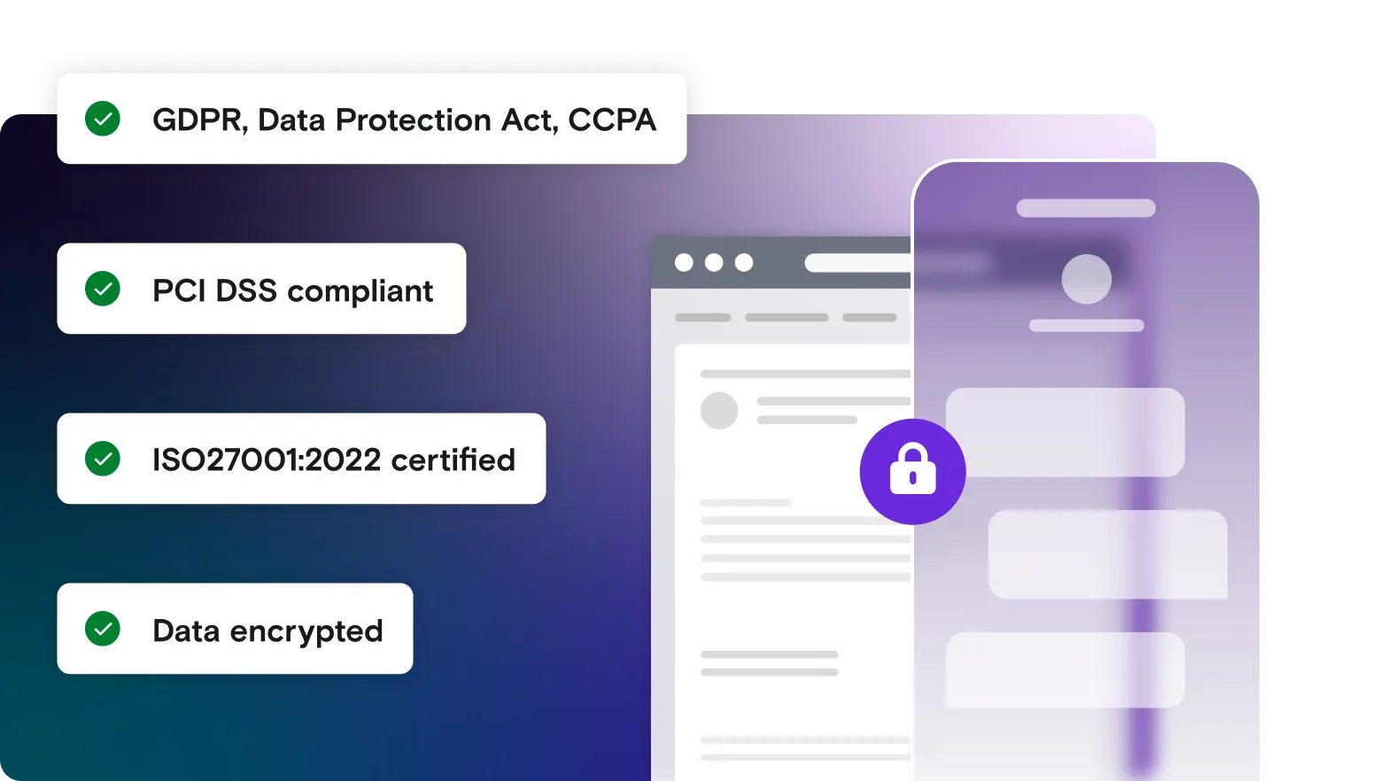 Security certification with mobile and email illustrations and padlock icon