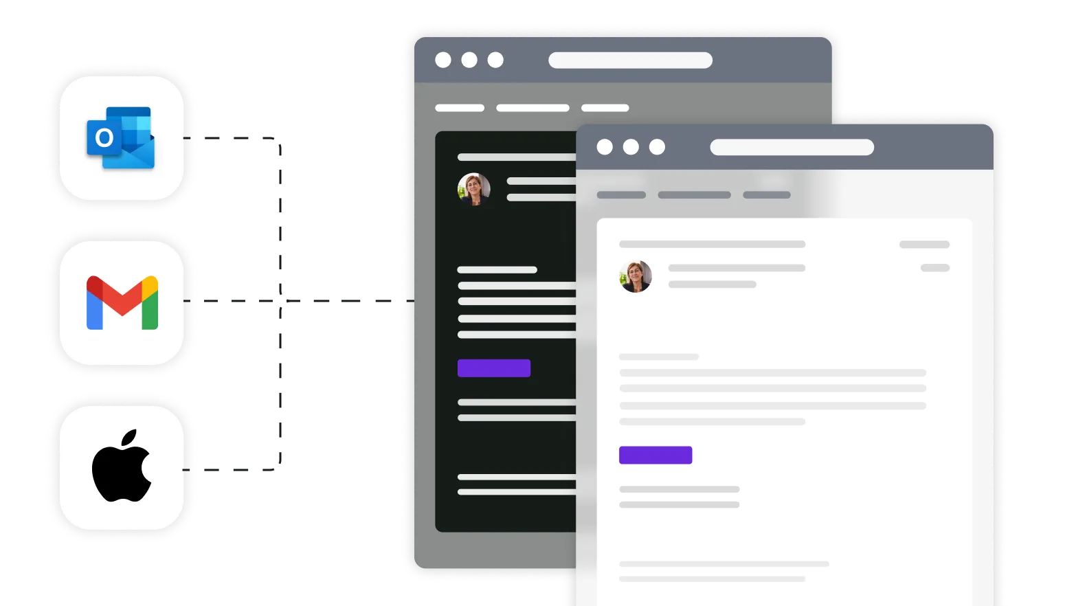 Two windows on the right, showing the ability to view in light and dark modes, and 3 logos besides showing outlook, gmail and AppleMail