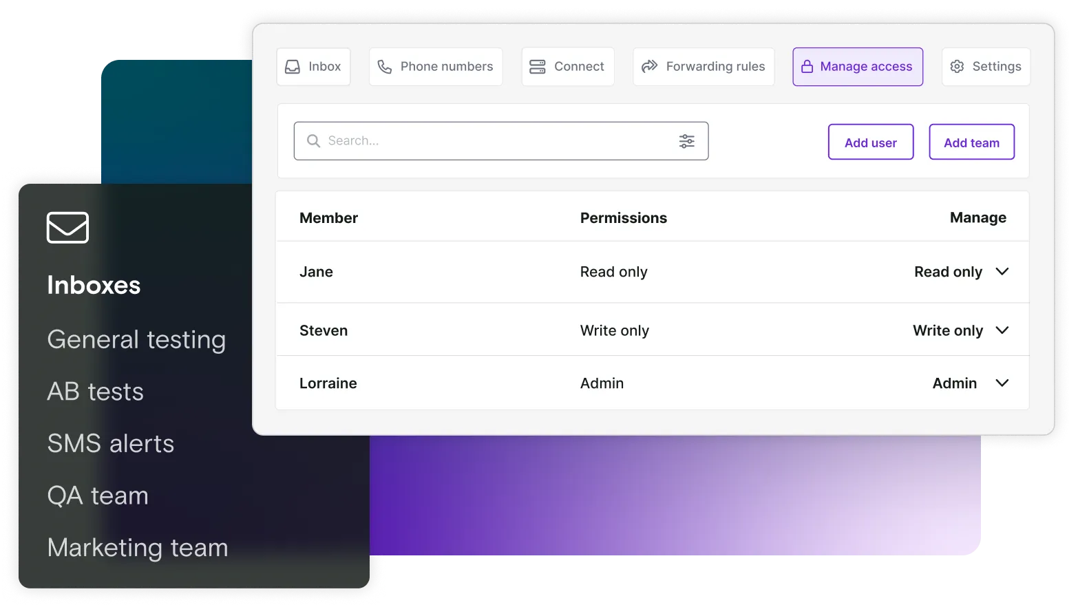 2 windows showing the ability to grant permissions to specific members, including read only