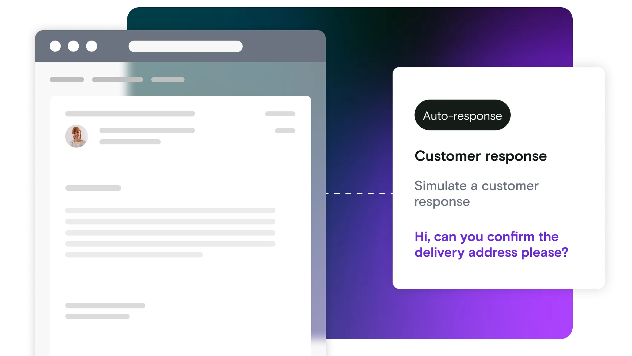 Email illustration with customer response dialog window on gradient background