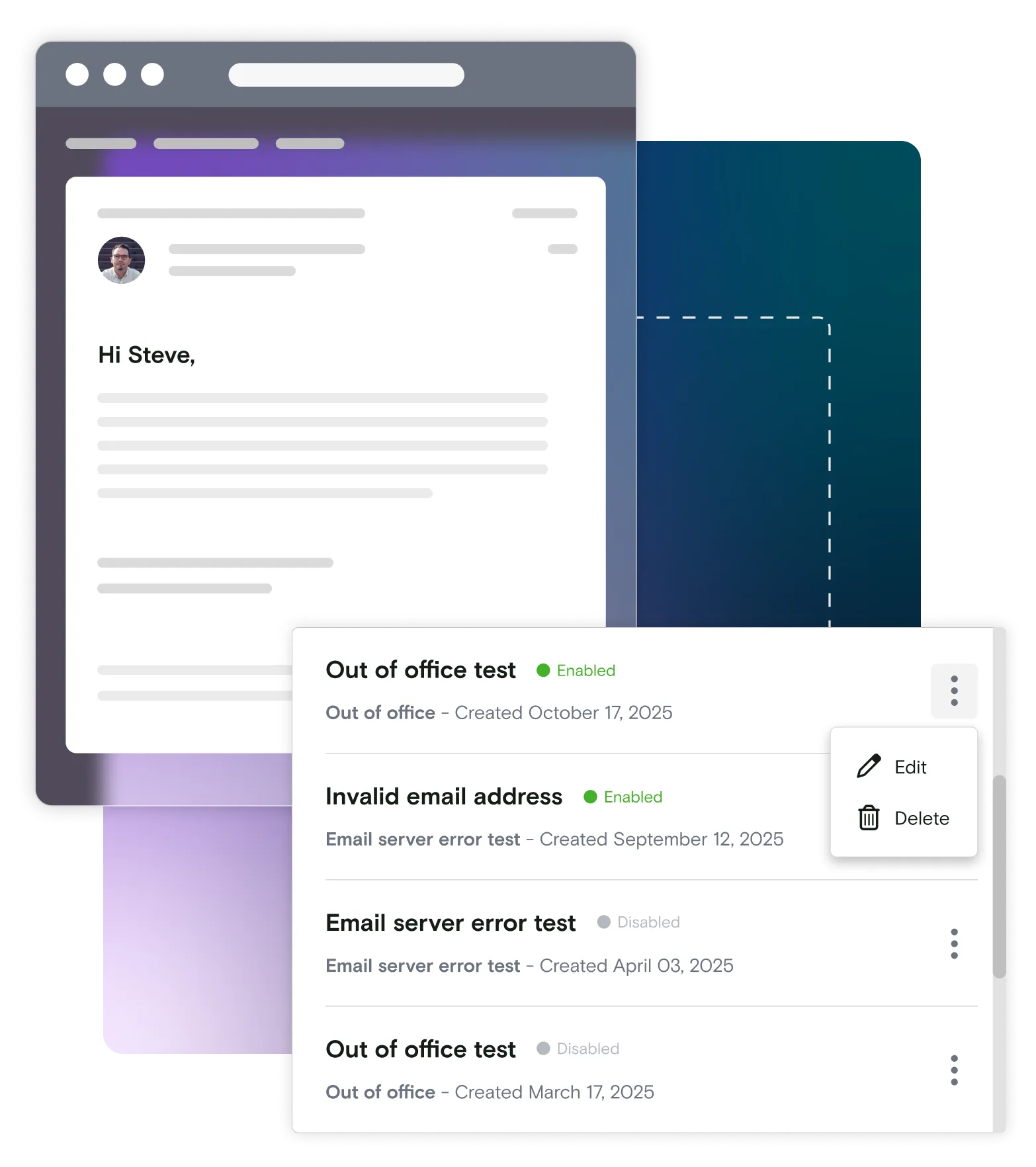 Email illustration with enabled and disabled tests on gradient background