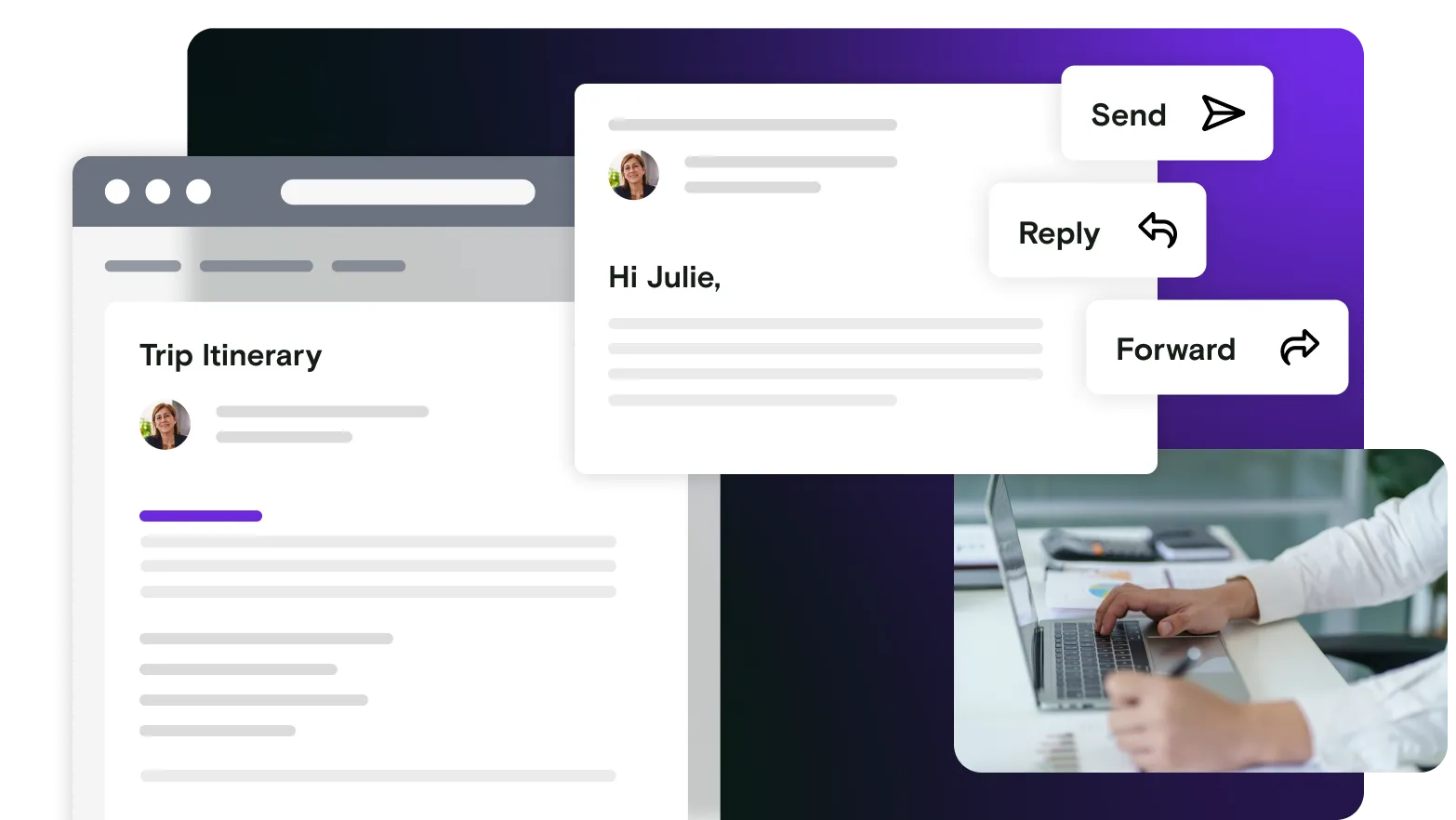Image of hands on laptop with email and send and forwarding notifications