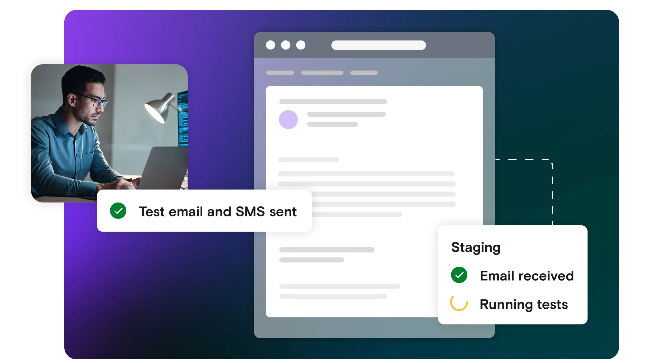 Image of man on laptop with pass and test notifications and email illustration