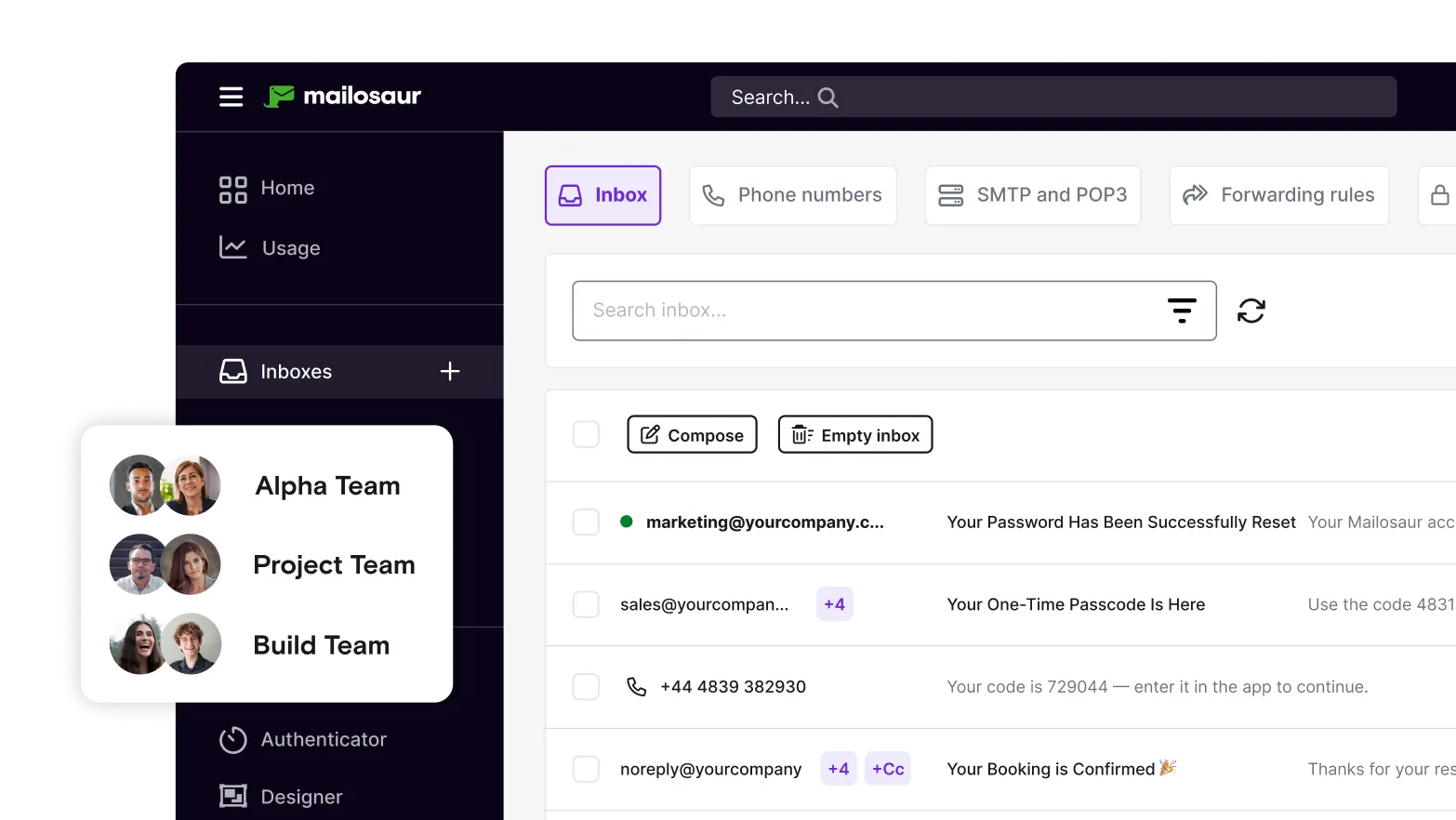 Mailosaur dashboard with team member dialog window