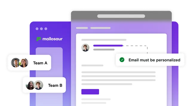 Email illustration with Team A and Team B boxes with pass notification
