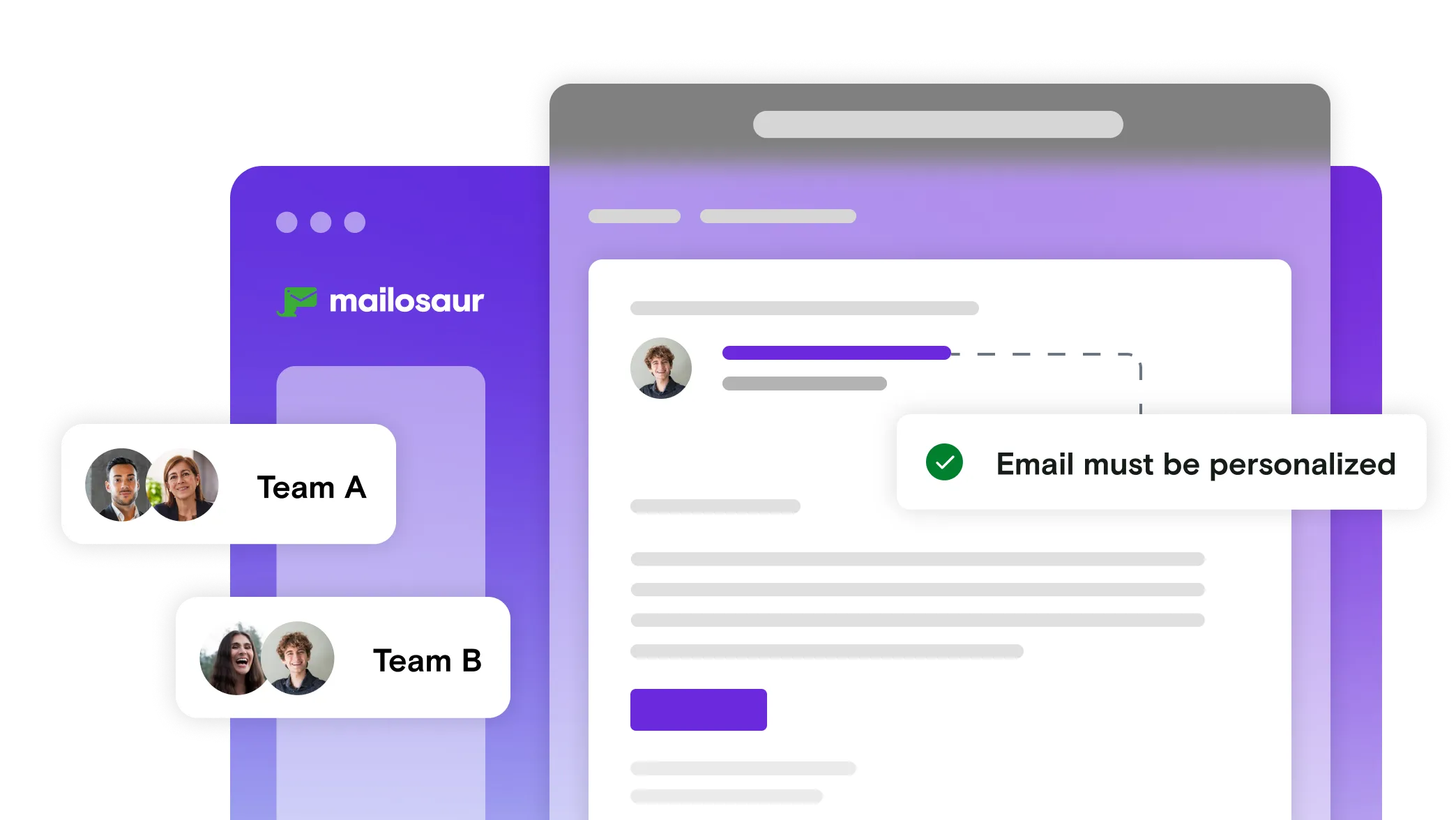 Email illustration with Team A and Team B boxes with pass notification