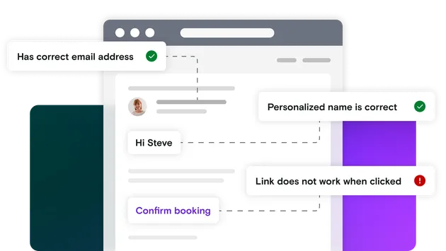 Email mockup with pass and fail notifications