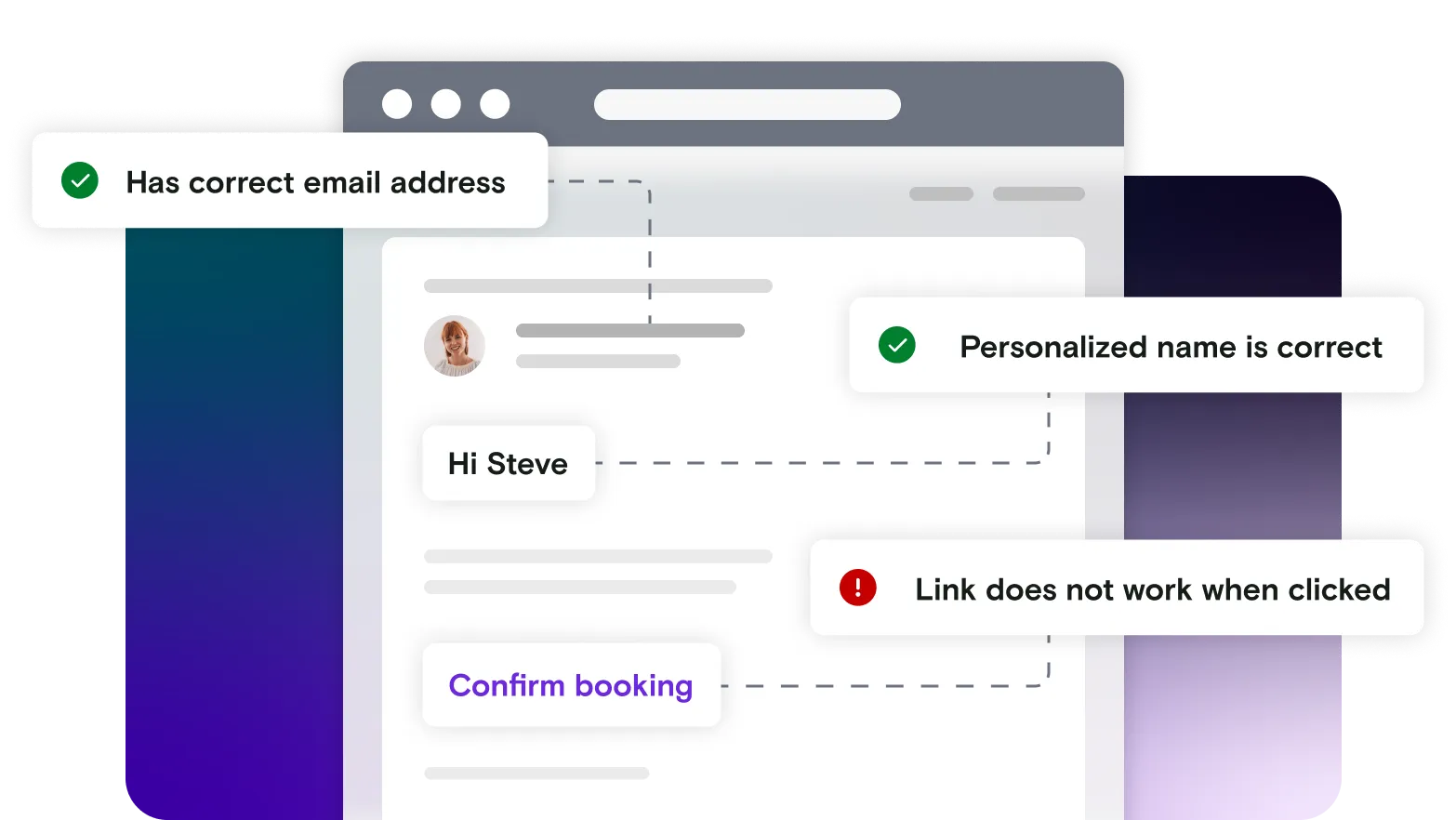 Email illustration with pass and fail notifications on gradient background