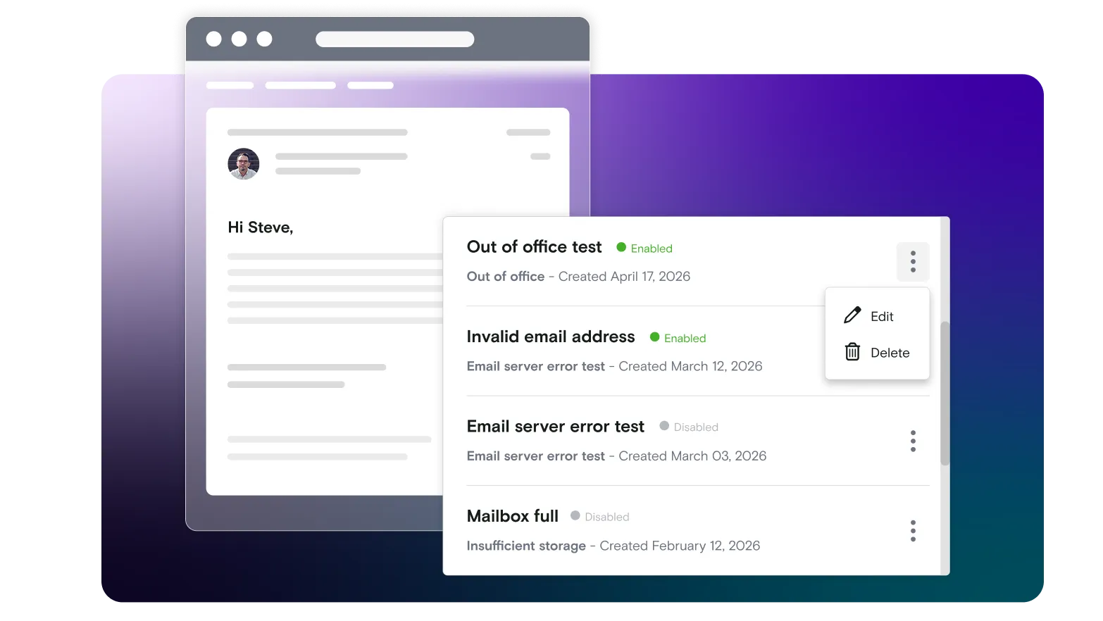 A dialogue box with out of office rules testing, email bounce testing, and other tests listed