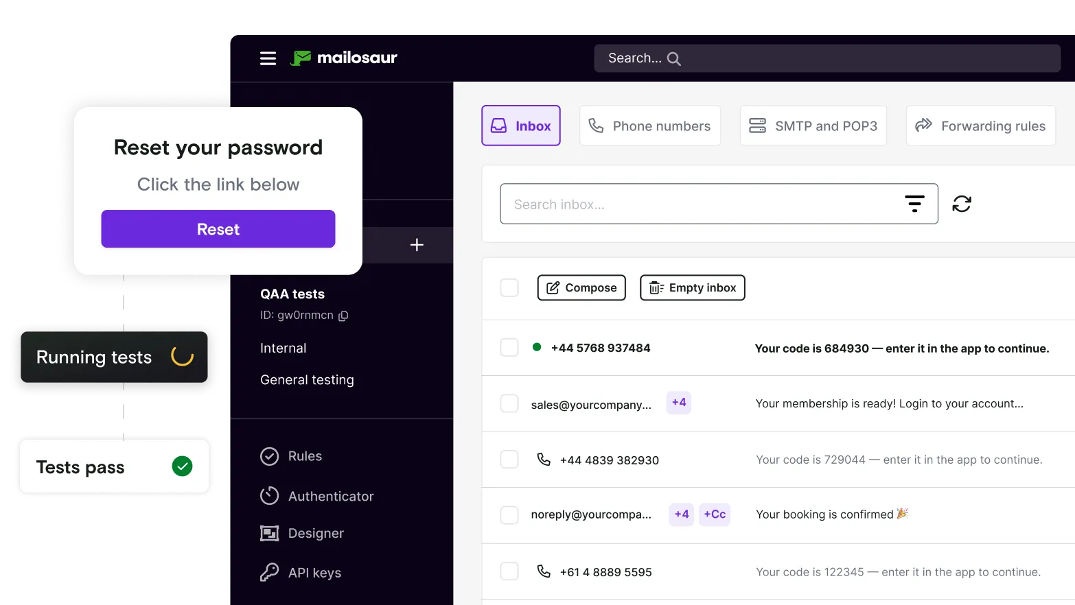 Mailosaur dashboard with password reset dialog window and test running and passing notifications