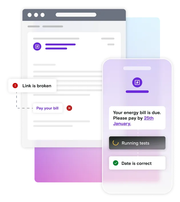 Email and mobile phone illustration on gradient background running tests