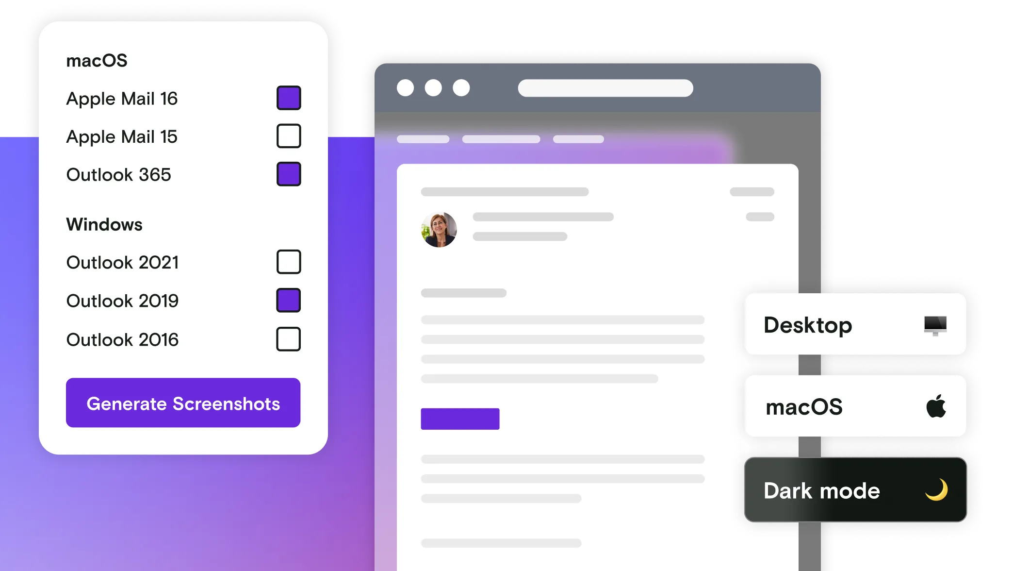 Email window with gradient background and email client dialog box and small notification windows