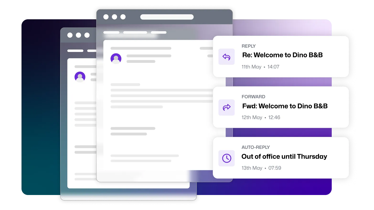 2 email windows open, with a dialogue box showing the different rules set up for those messages, e.g. out of office replies