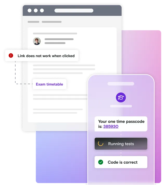 Email and mobile illustration with pass and fail notifications on gradient background