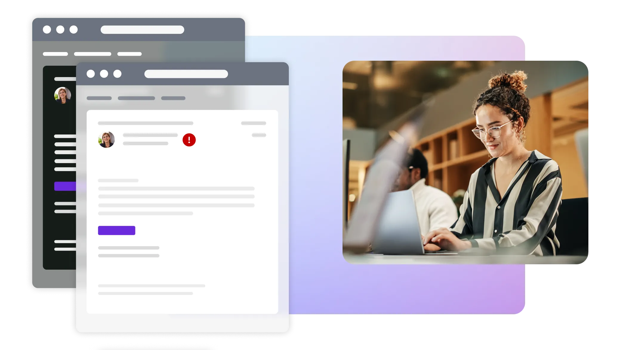 Picture of woman on laptop with dark and light mode email illustrations
