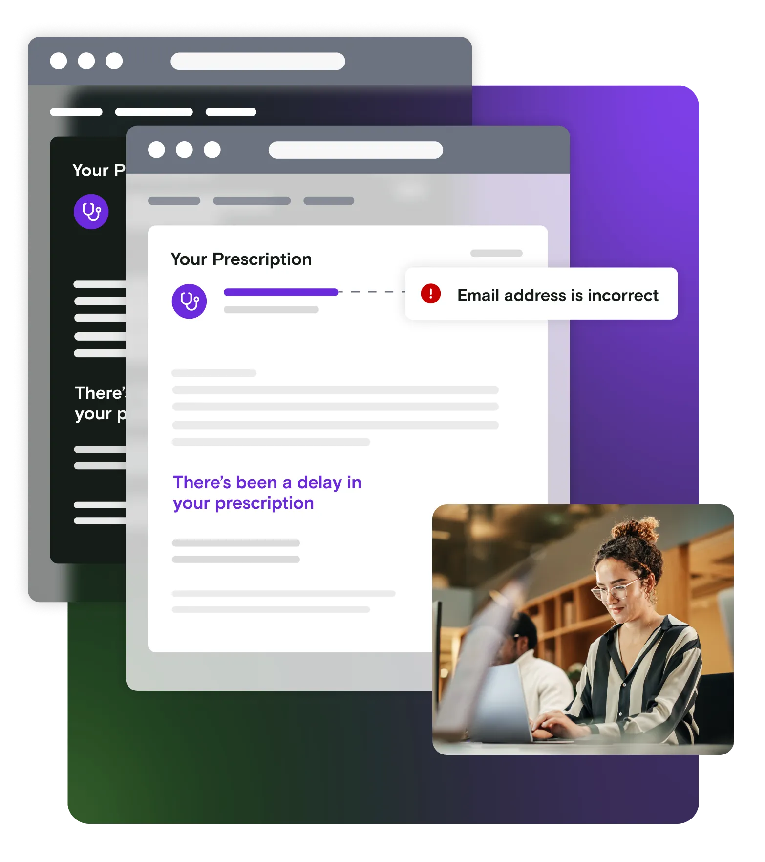 Light and dark mode email illustrations with image of woman on laptop on gradient background