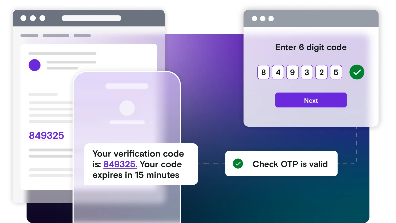 Email and mobile illustration with 6 digit code window on gradient background
