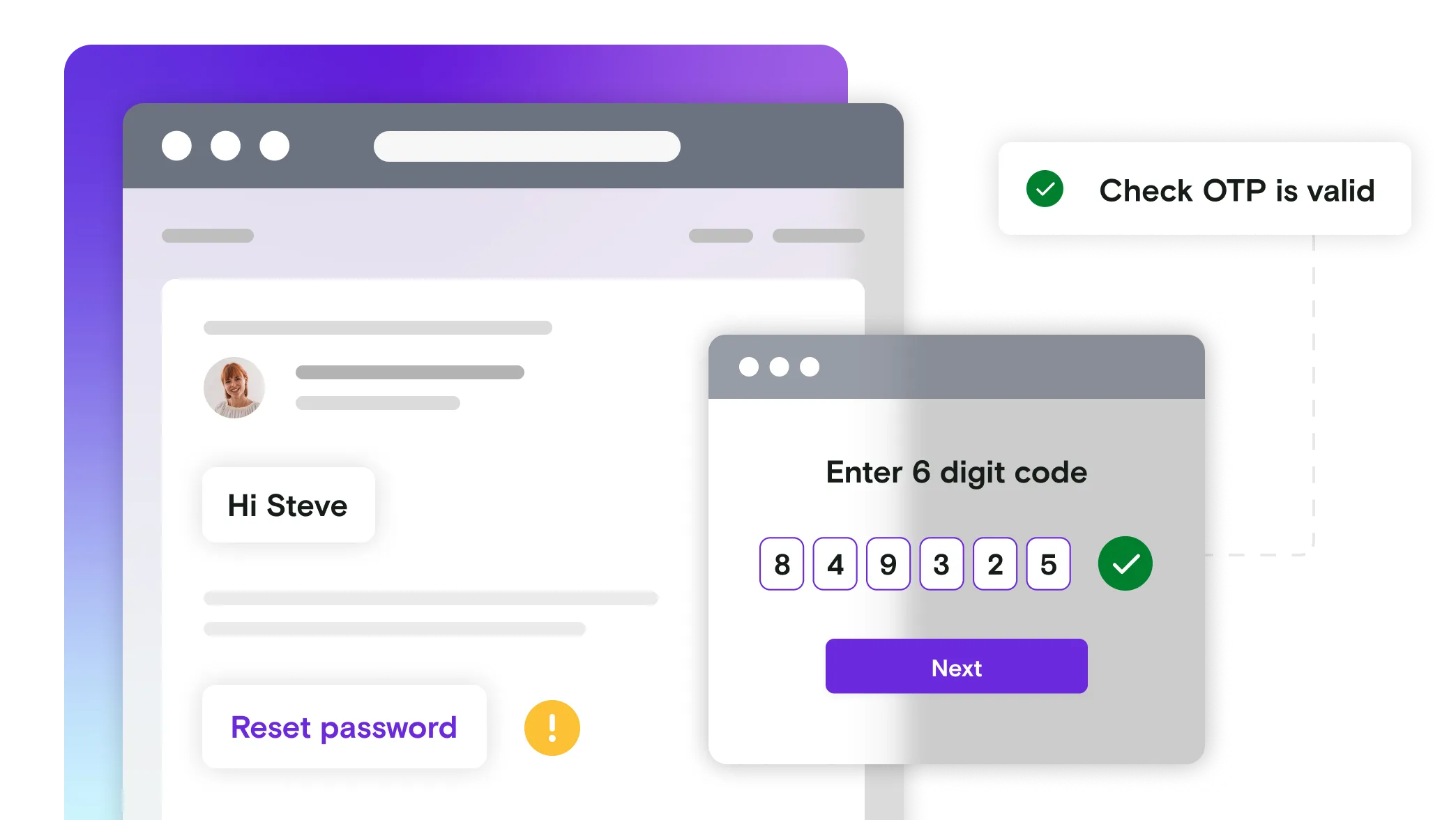 Email illustration with 6 digit code dialog box and pass notification