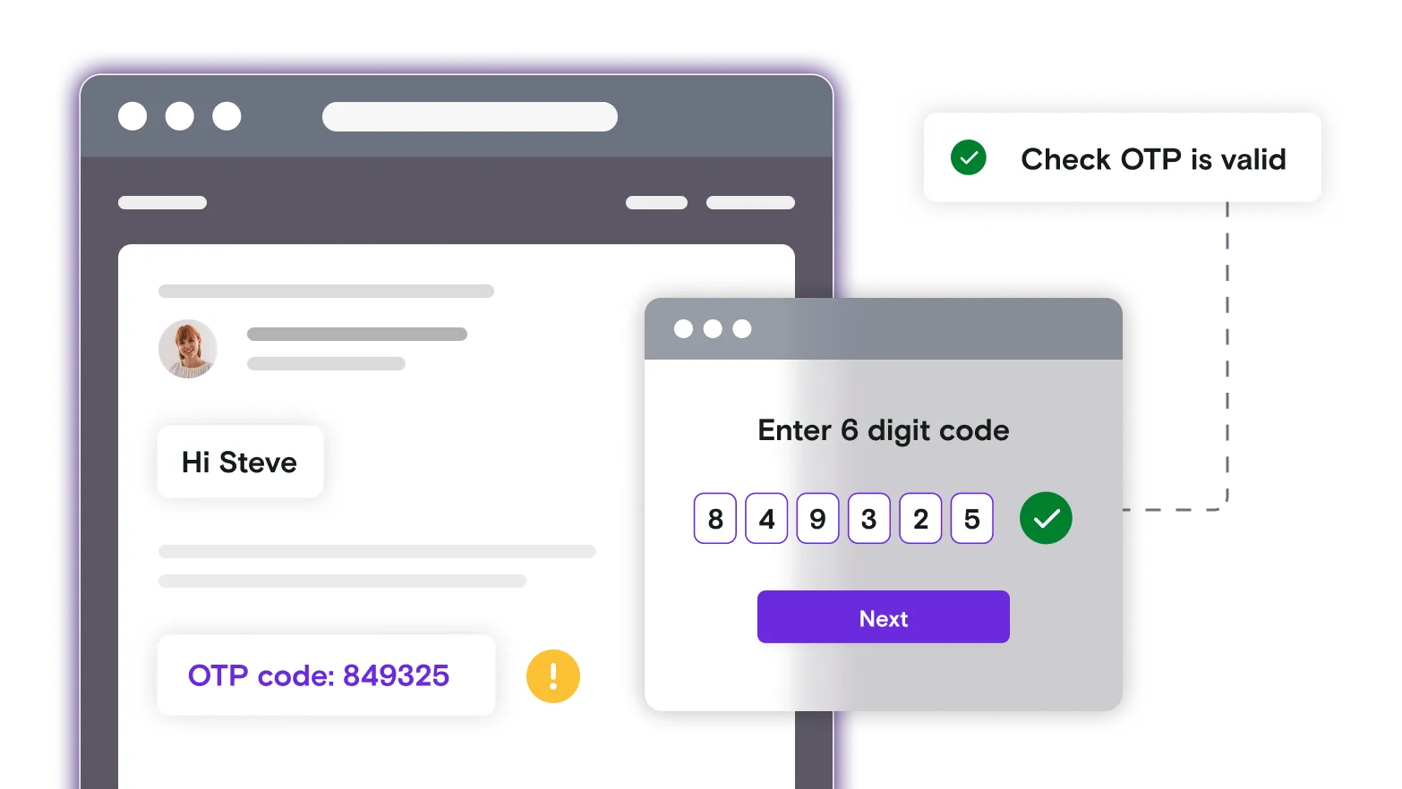 Email illustration with OTP window and pass notification