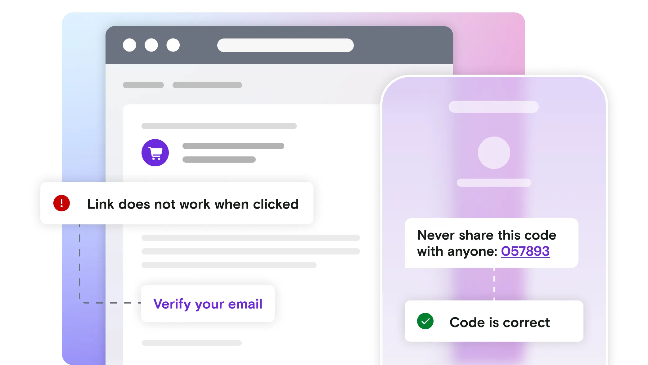Email and mobile phone illustration with pass and fail notifications on a gradient background