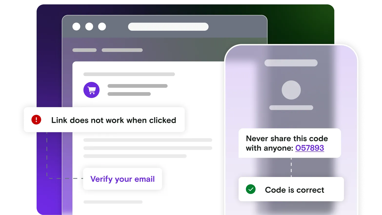 Email and mobile illustration with pass and fail notifications on gradient background