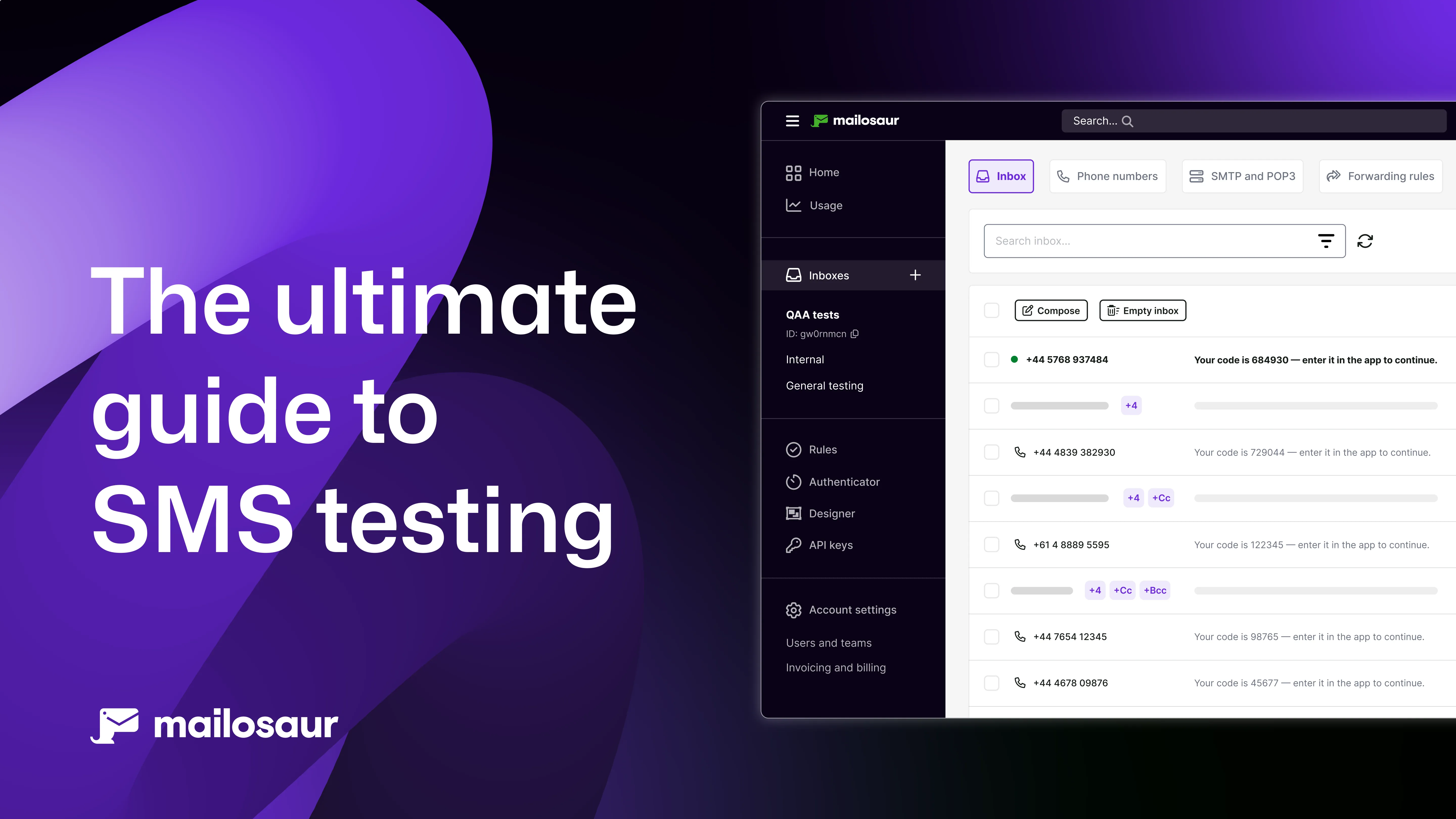 Mailosaur dashboard on purple gradient background with abstract graphic and Mailosaur logo