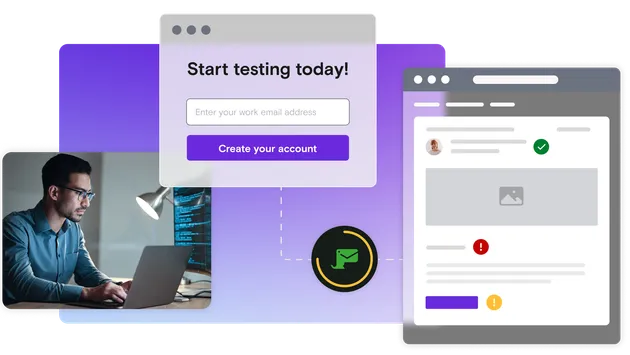 Image of man on laptop with new account dialog window and email illustration with pass and fail notifications