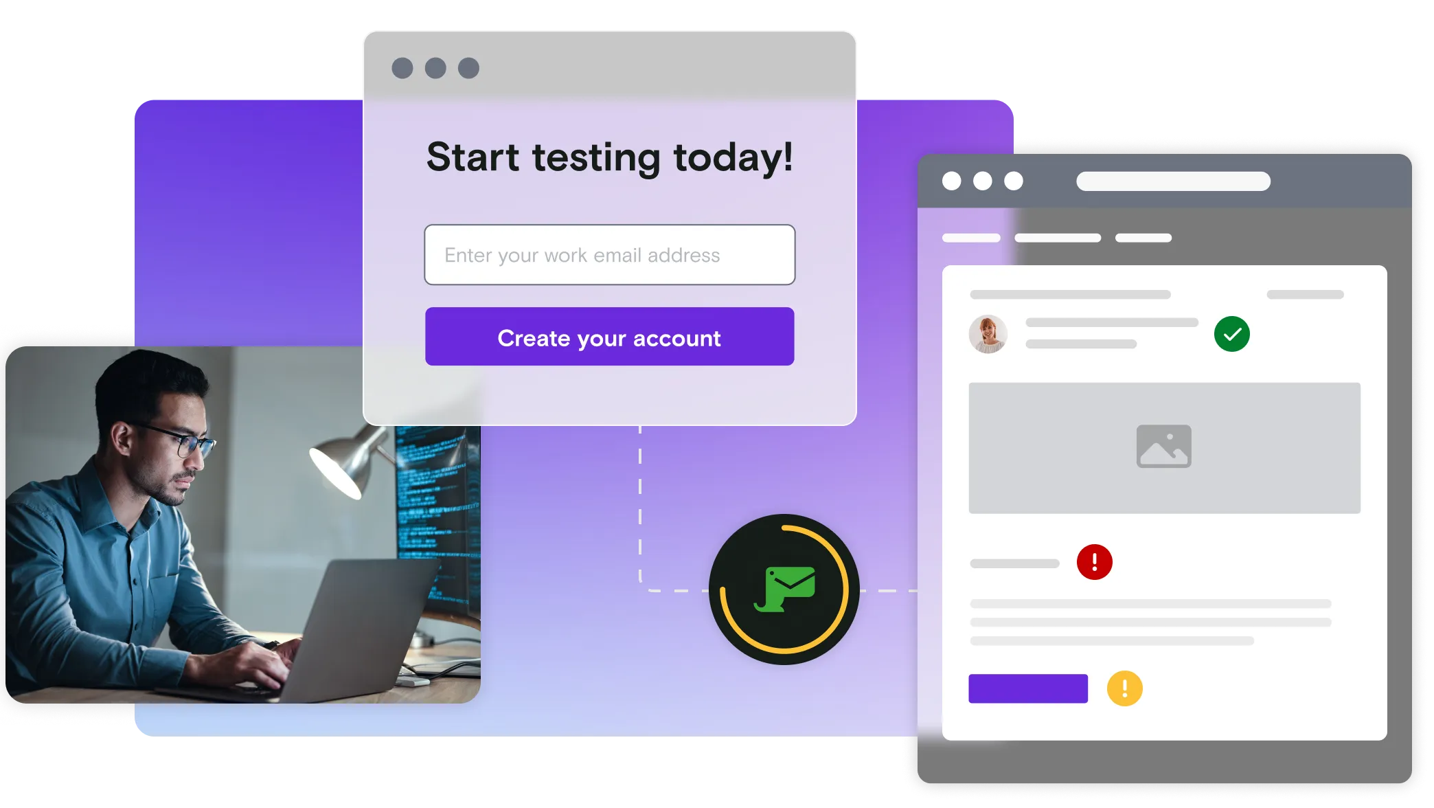 Image of man on laptop with new account dialog window and email illustration with pass and fail notifications