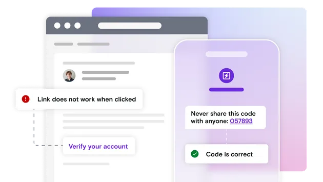Email and mobile phone illustration on a gradient background with pass and fail notifications